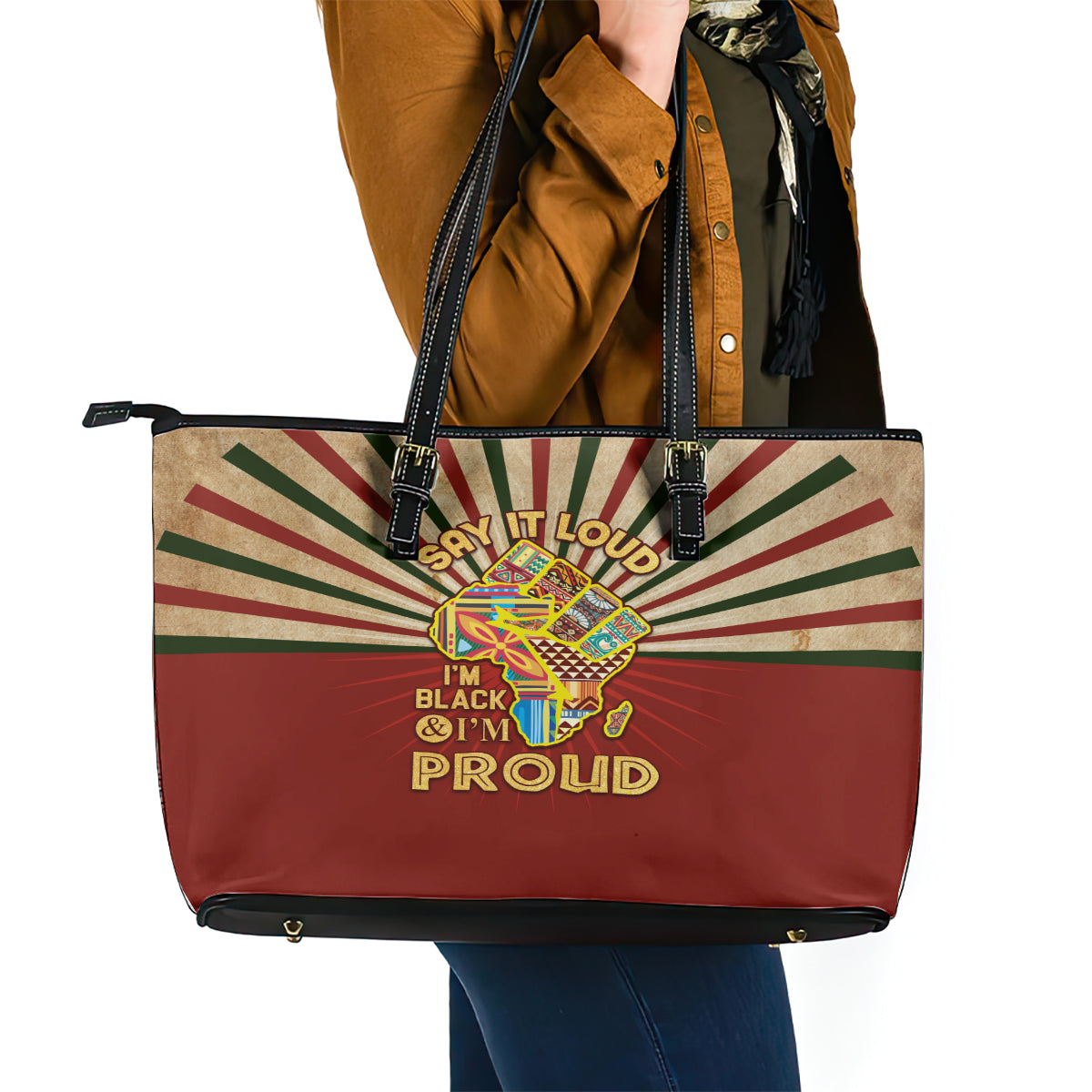 I'm Black and I'm Proud African Leather Tote Bag Hand Up Africa Map Art DT02