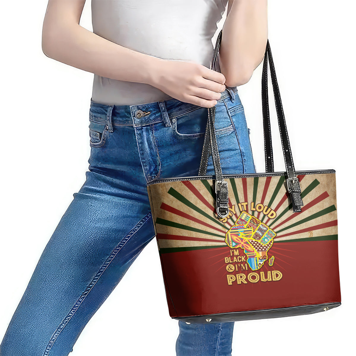 I'm Black and I'm Proud African Leather Tote Bag Hand Up Africa Map Art DT02