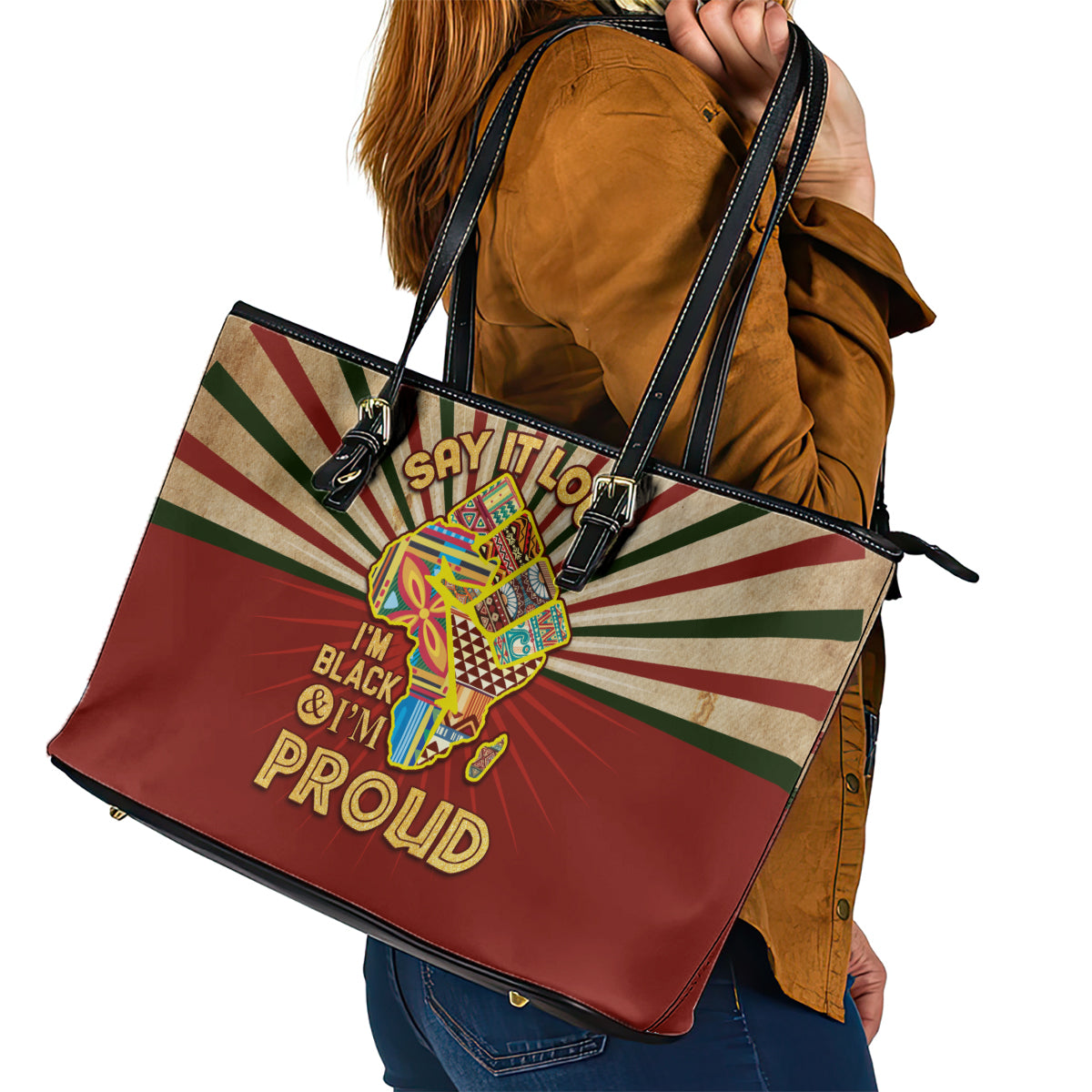 I'm Black and I'm Proud African Leather Tote Bag Hand Up Africa Map Art DT02