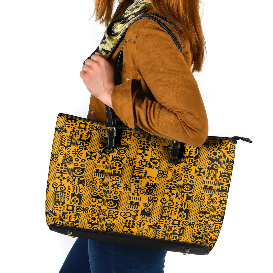 Culture Adinkra Leather Tote Bag West African Yellow Art DT02