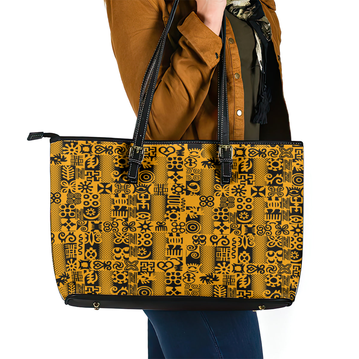 Culture Adinkra Leather Tote Bag West African Yellow Art DT02