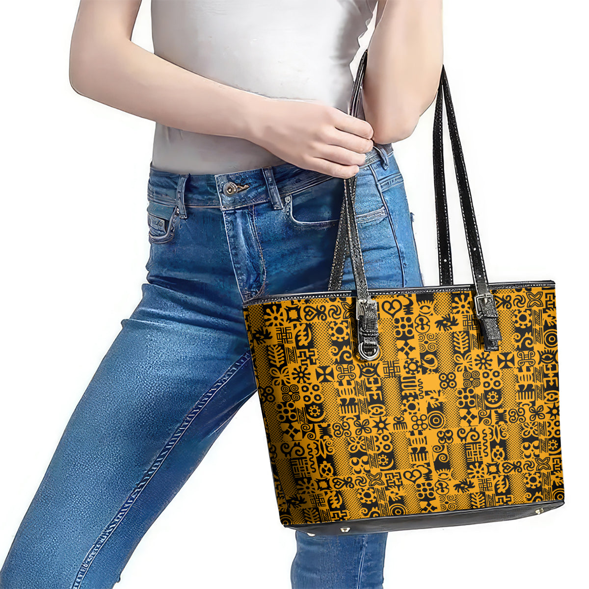 Culture Adinkra Leather Tote Bag West African Yellow Art DT02