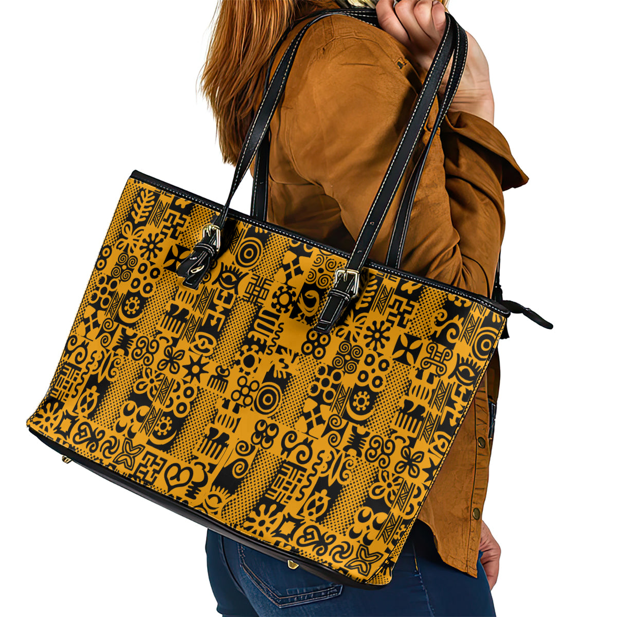 Culture Adinkra Leather Tote Bag West African Yellow Art DT02