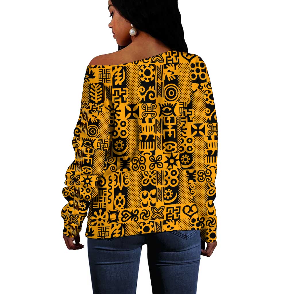 West African Yellow Art - Adinkra Culture Off Shoulder Sweater DT02