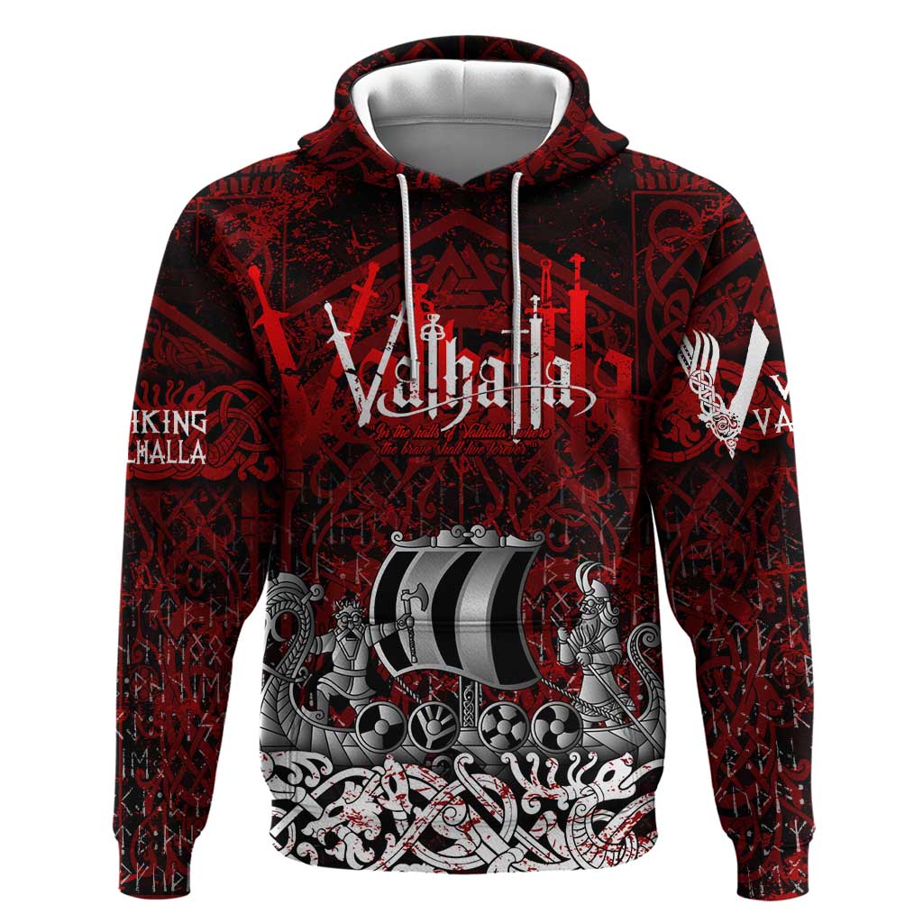 Blood Flows to Valhalla Hoodie Viking Longship Nordic Knotwork - Dark Mythology DT02