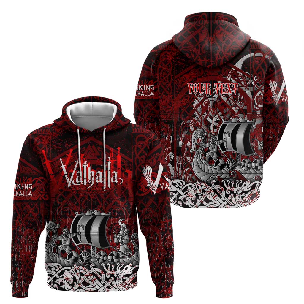 Blood Flows to Valhalla Hoodie Viking Longship Nordic Knotwork - Dark Mythology DT02