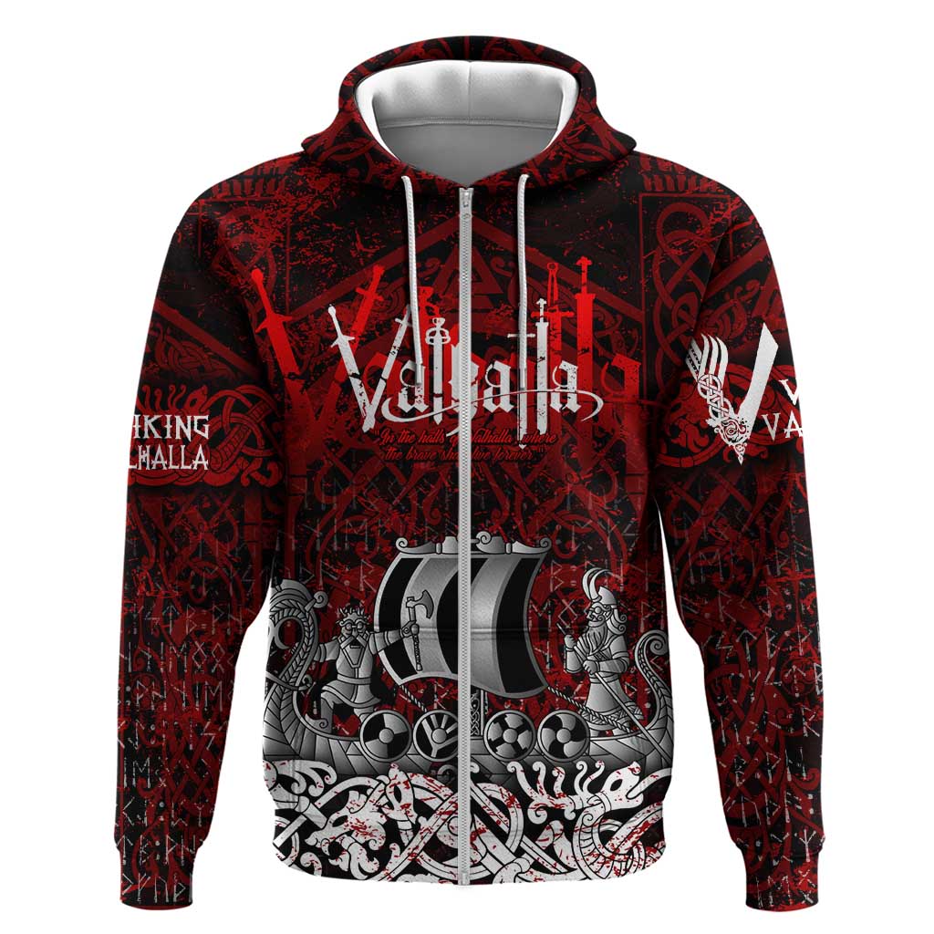 Blood Flows to Valhalla Hoodie Viking Longship Nordic Knotwork - Dark Mythology DT02