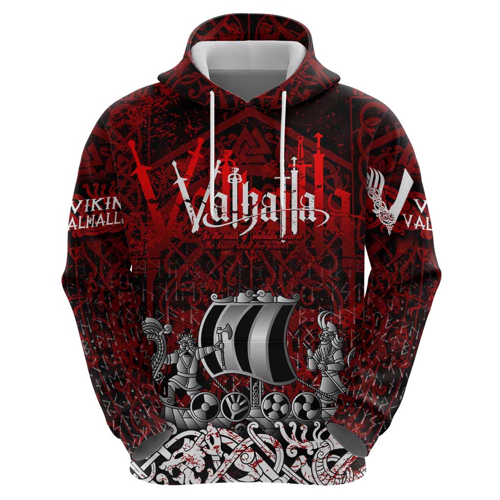 Blood Flows to Valhalla Hoodie Viking Longship Nordic Knotwork - Dark Mythology DT02