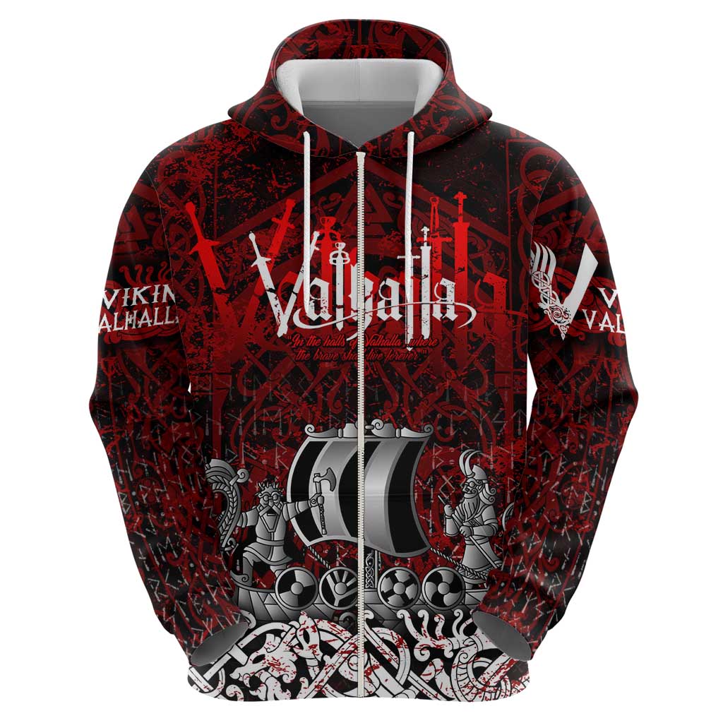 Blood Flows to Valhalla Hoodie Viking Longship Nordic Knotwork - Dark Mythology DT02
