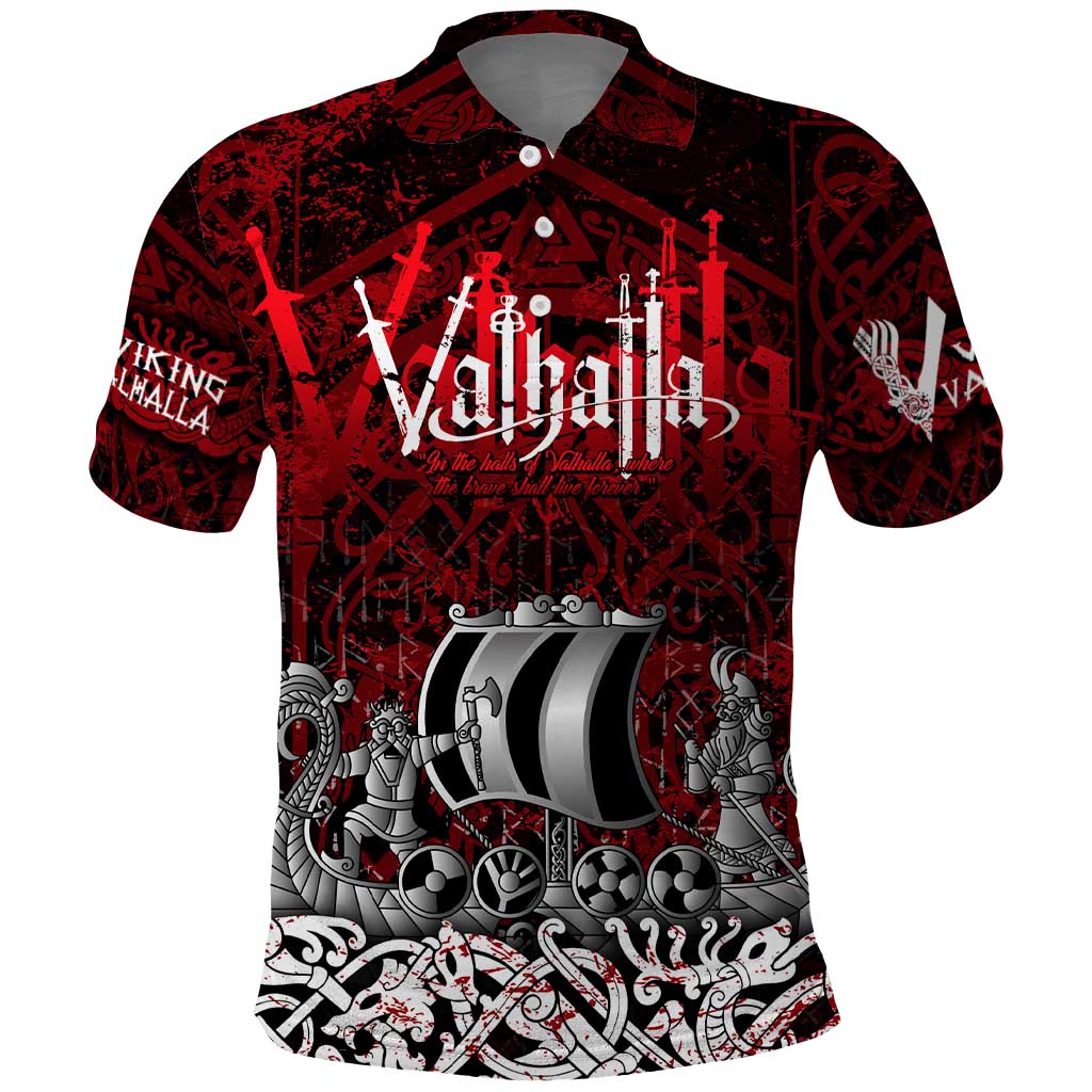 Blood Flows to Valhalla Polo Shirt Viking Longship Nordic Knotwork - Dark Mythology DT02