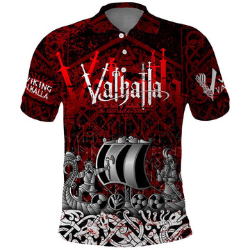 Blood Flows to Valhalla Polo Shirt Viking Longship Nordic Knotwork - Dark Mythology DT02
