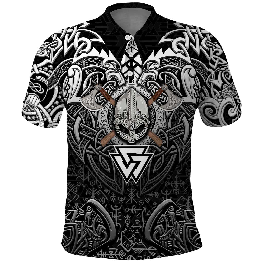 Scandinavian Viking Polo Shirt Norse Warrior Sigil - Helmet and Battle Axes DT02