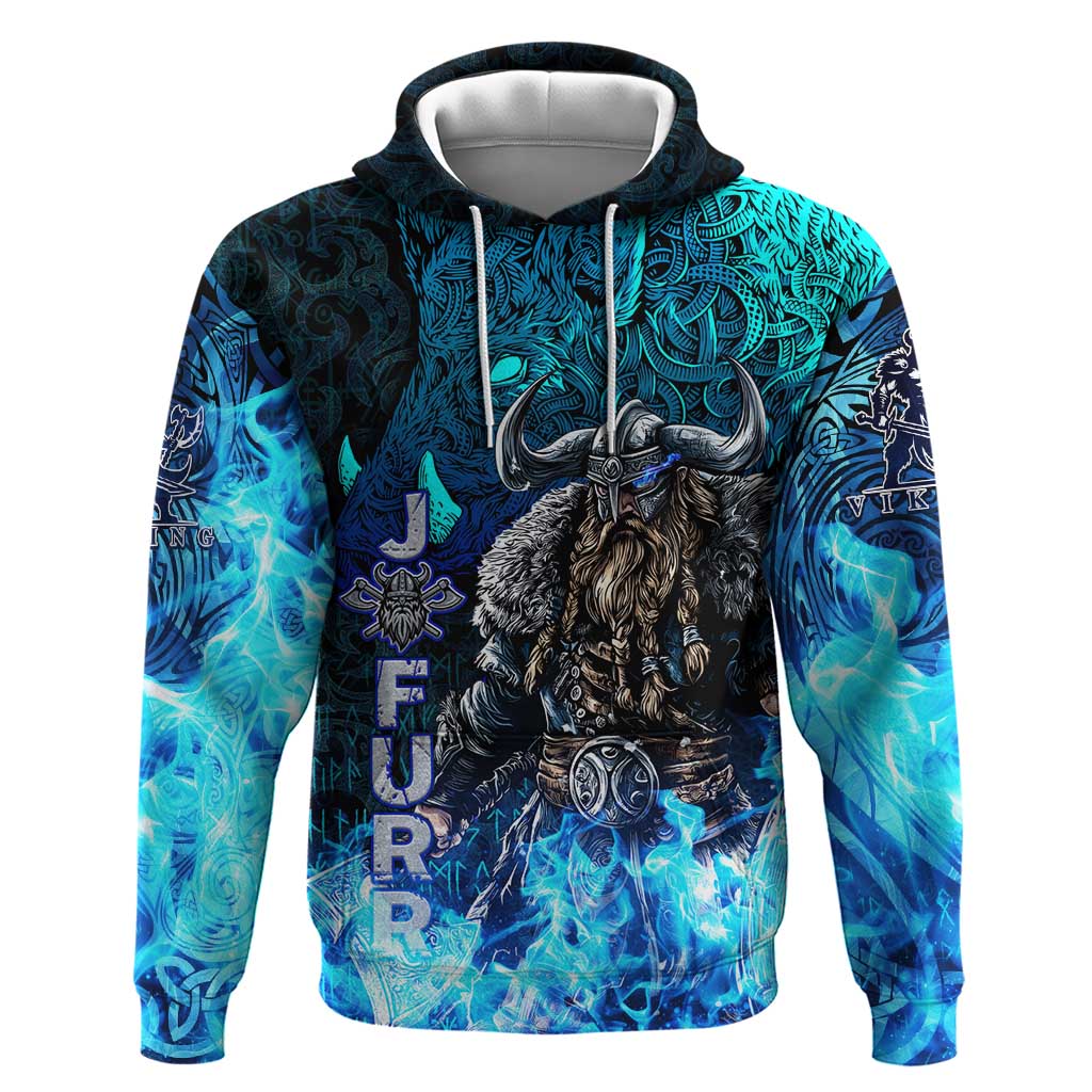 Jofurr Boar Warrior Viking Hoodie Frost Viking Runes Blue Flame DT02