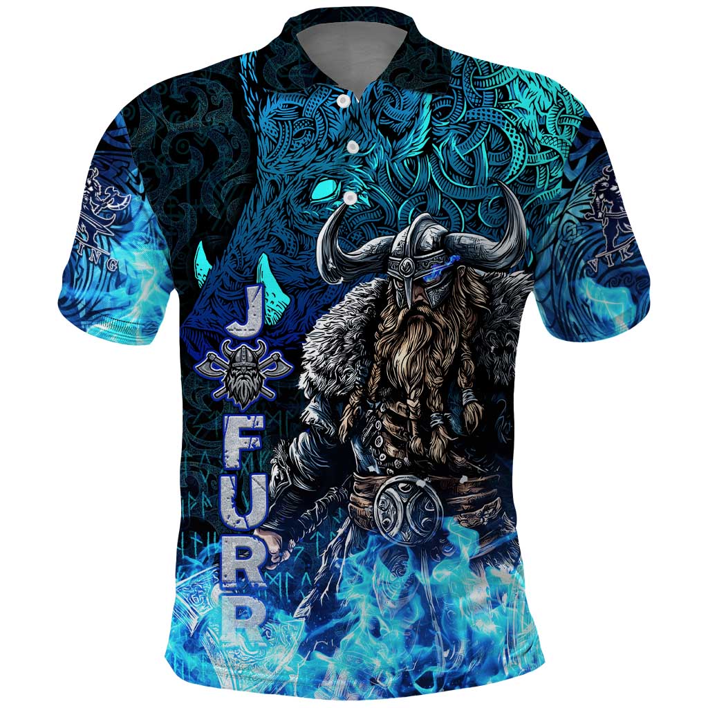 Jofurr Boar Warrior Viking Polo Shirt Frost Viking Runes Blue Flame DT02
