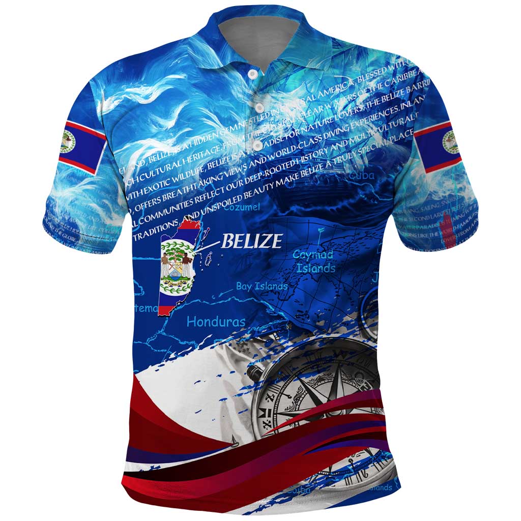 Belize One Flag One Heart Polo Shirt Caribbean Heartbeat - Where Compass Meets Culture DT02