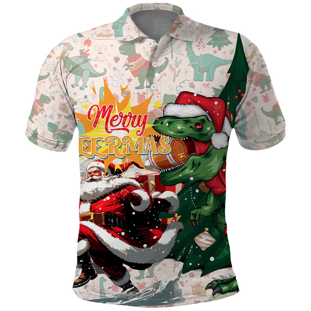 Cheer Santa Claus T-Rex Polo Shirt Merry Beermas Christmas DT02