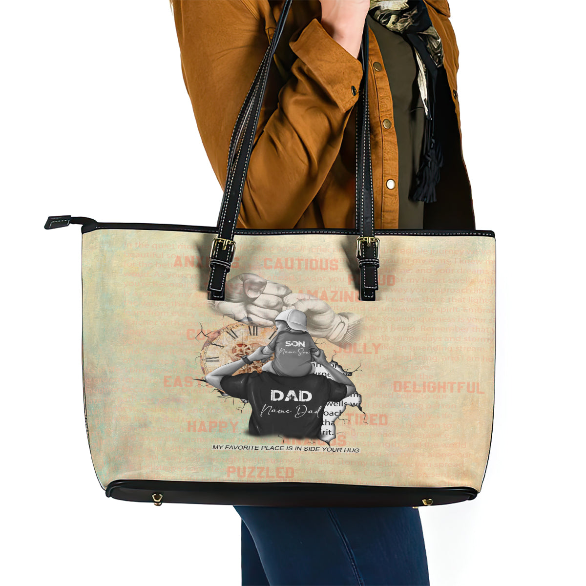 Personalized Father And Son Leather Tote Bag Gift for Dad DT02