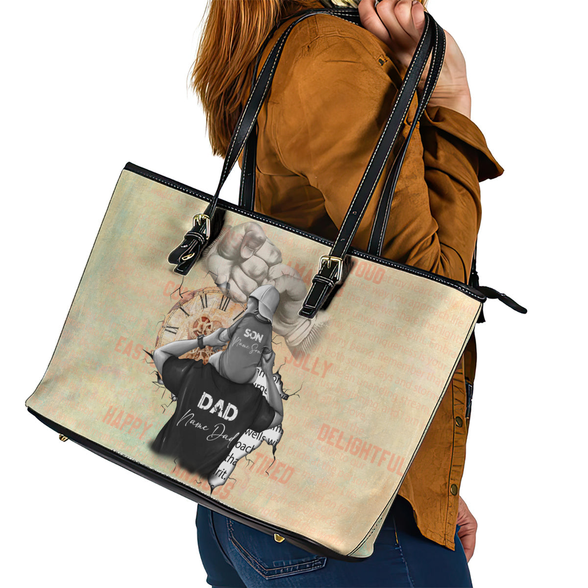 Personalized Father And Son Leather Tote Bag Gift for Dad DT02
