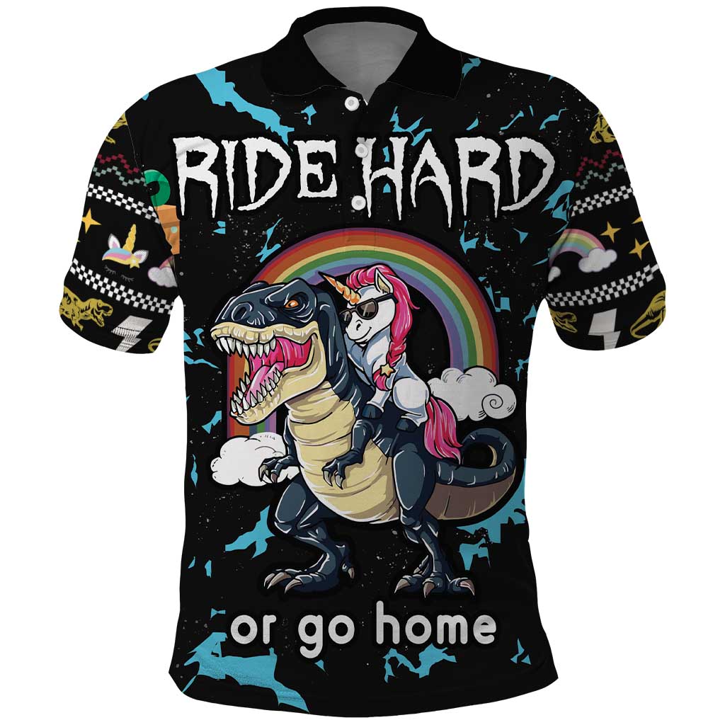 Christmas Dinosaur Unicorn Polo Shirt Ride Hard or Go Home DT03