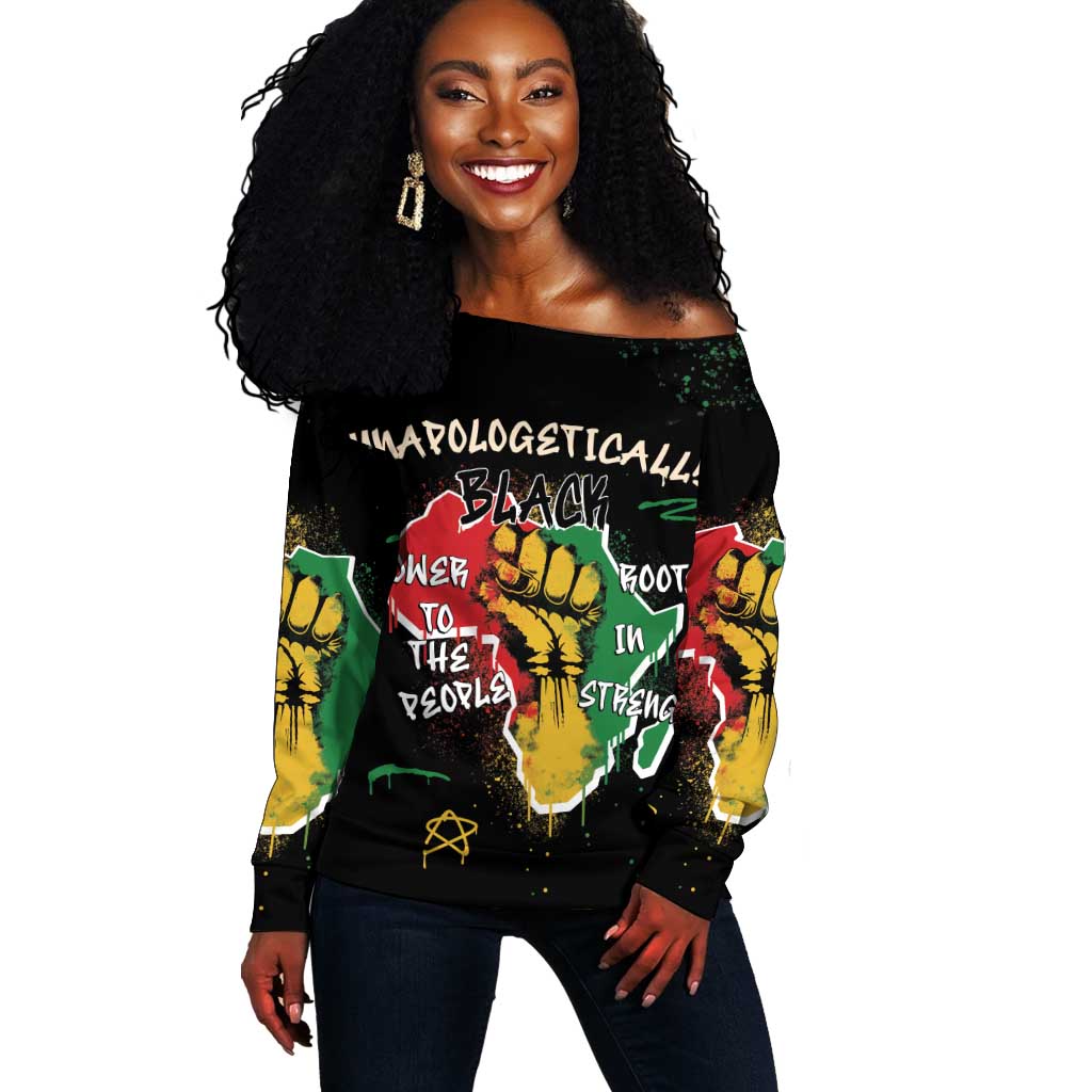 African Black Power Off Shoulder Sweater Unapologetically Black Raised Fist DT03