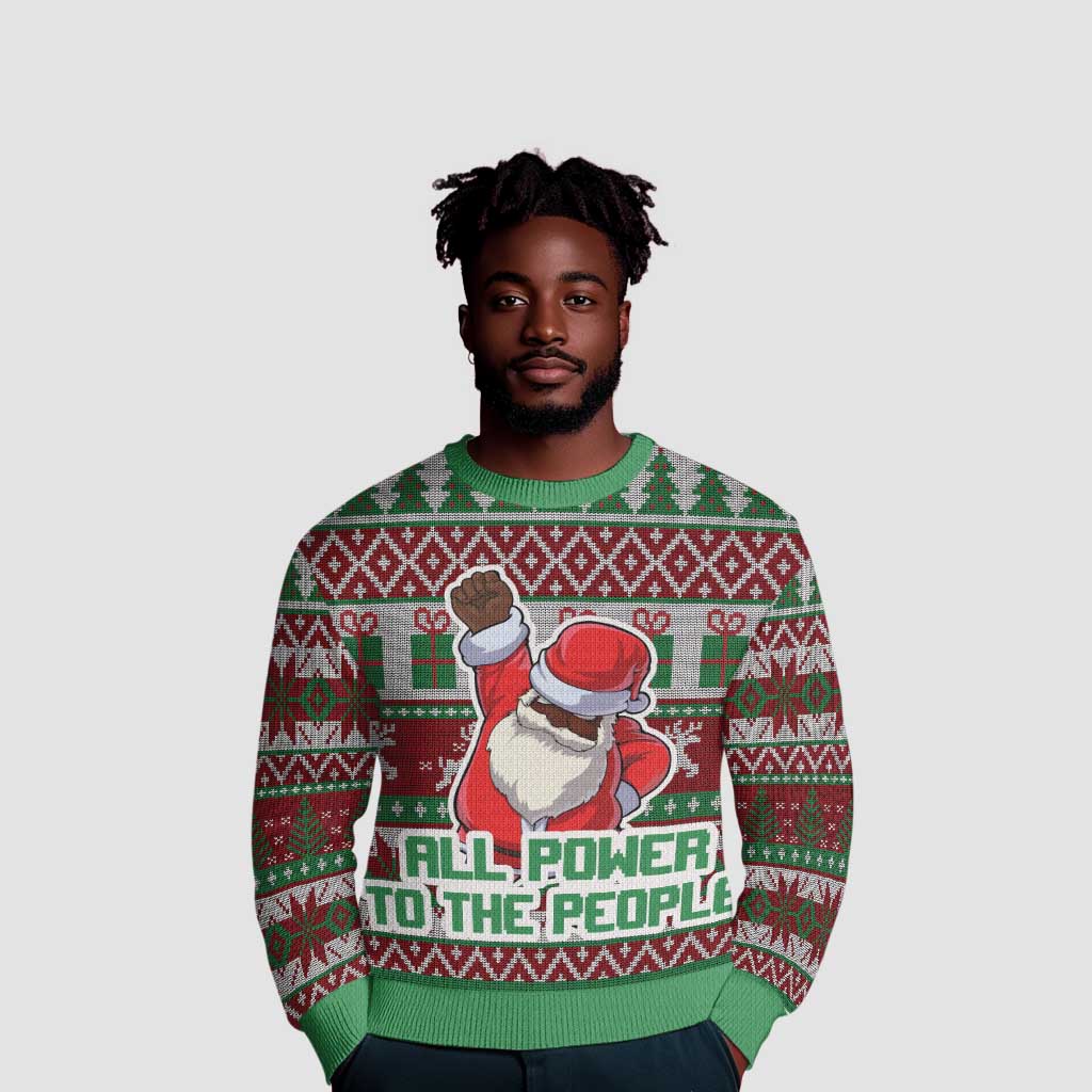 Black Santa Fist Christmas Africa Ugly Christmas Sweater All Power to the People DT03