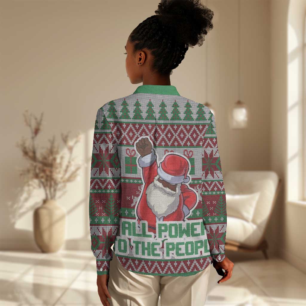 Black Santa Fist Christmas Africa Women Casual Shirt All Power to the People DT03