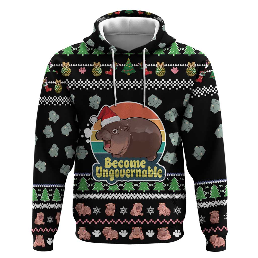 Christmas Become Ungovernable Moo Deng Hoodie Humor Cute Baby Hippo Joke DT03