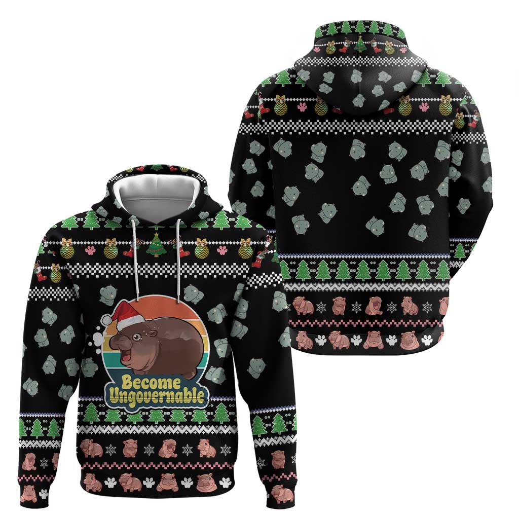 Christmas Become Ungovernable Moo Deng Hoodie Humor Cute Baby Hippo Joke DT03