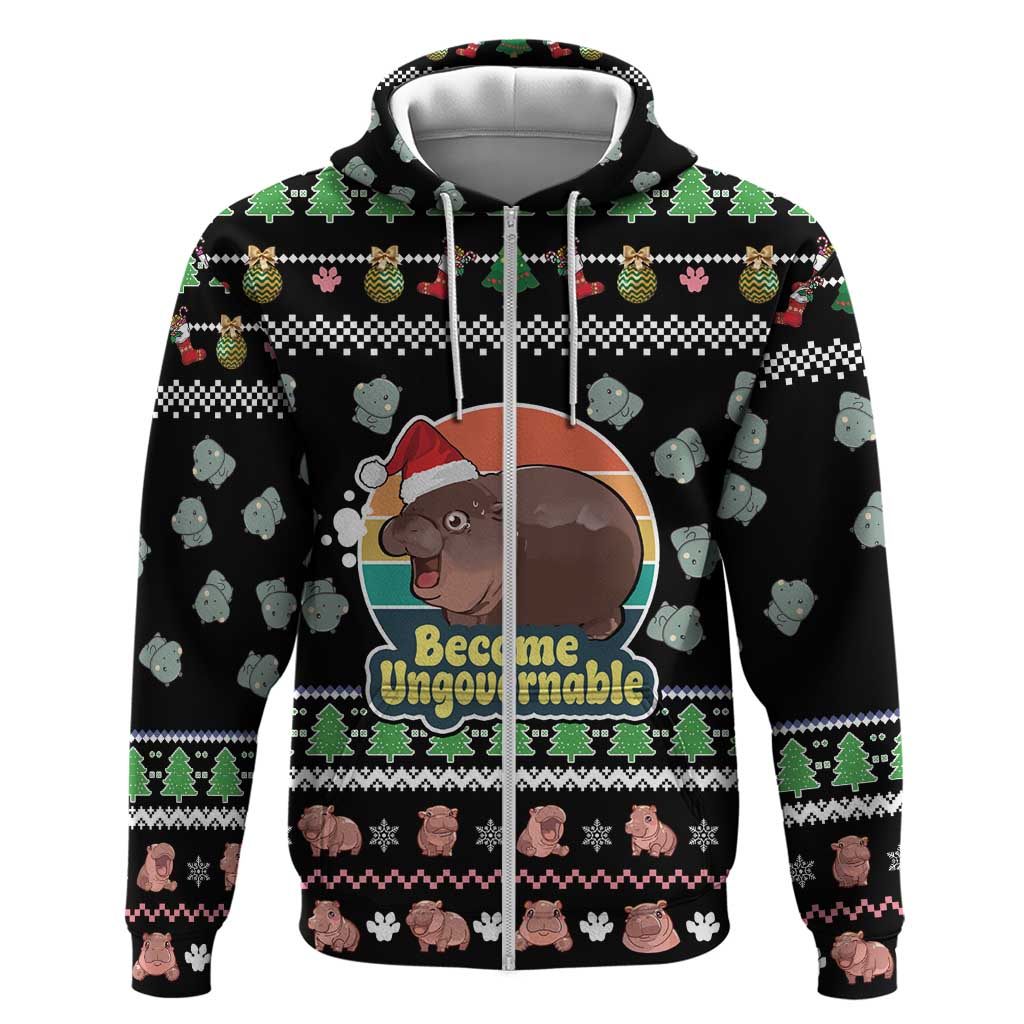 Christmas Become Ungovernable Moo Deng Hoodie Humor Cute Baby Hippo Joke DT03