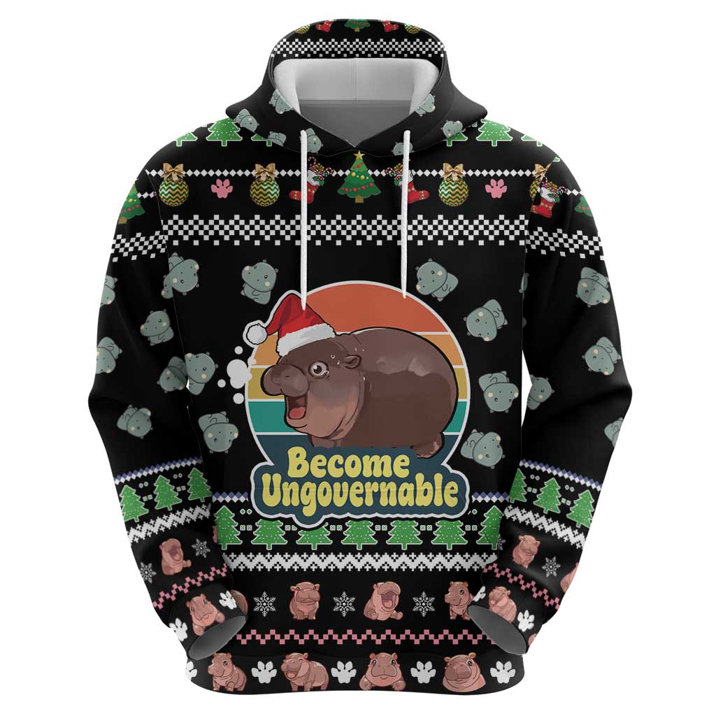 Christmas Become Ungovernable Moo Deng Hoodie Humor Cute Baby Hippo Joke DT03
