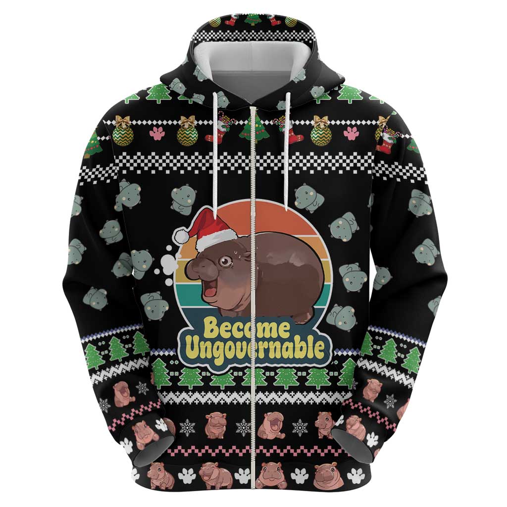 Christmas Become Ungovernable Moo Deng Hoodie Humor Cute Baby Hippo Joke DT03