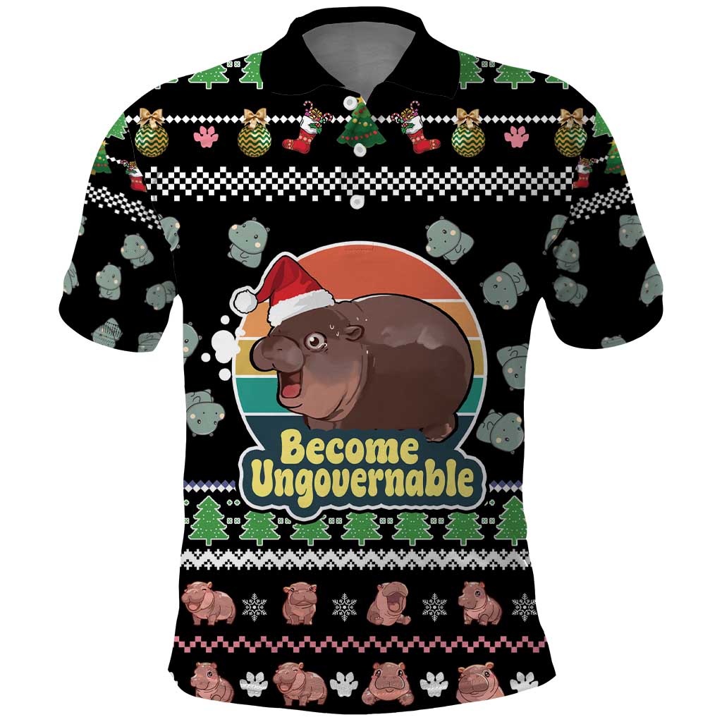 Christmas Become Ungovernable Moo Deng Polo Shirt Humor Cute Baby Hippo Joke DT03