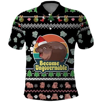 Christmas Become Ungovernable Moo Deng Polo Shirt Humor Cute Baby Hippo Joke DT03