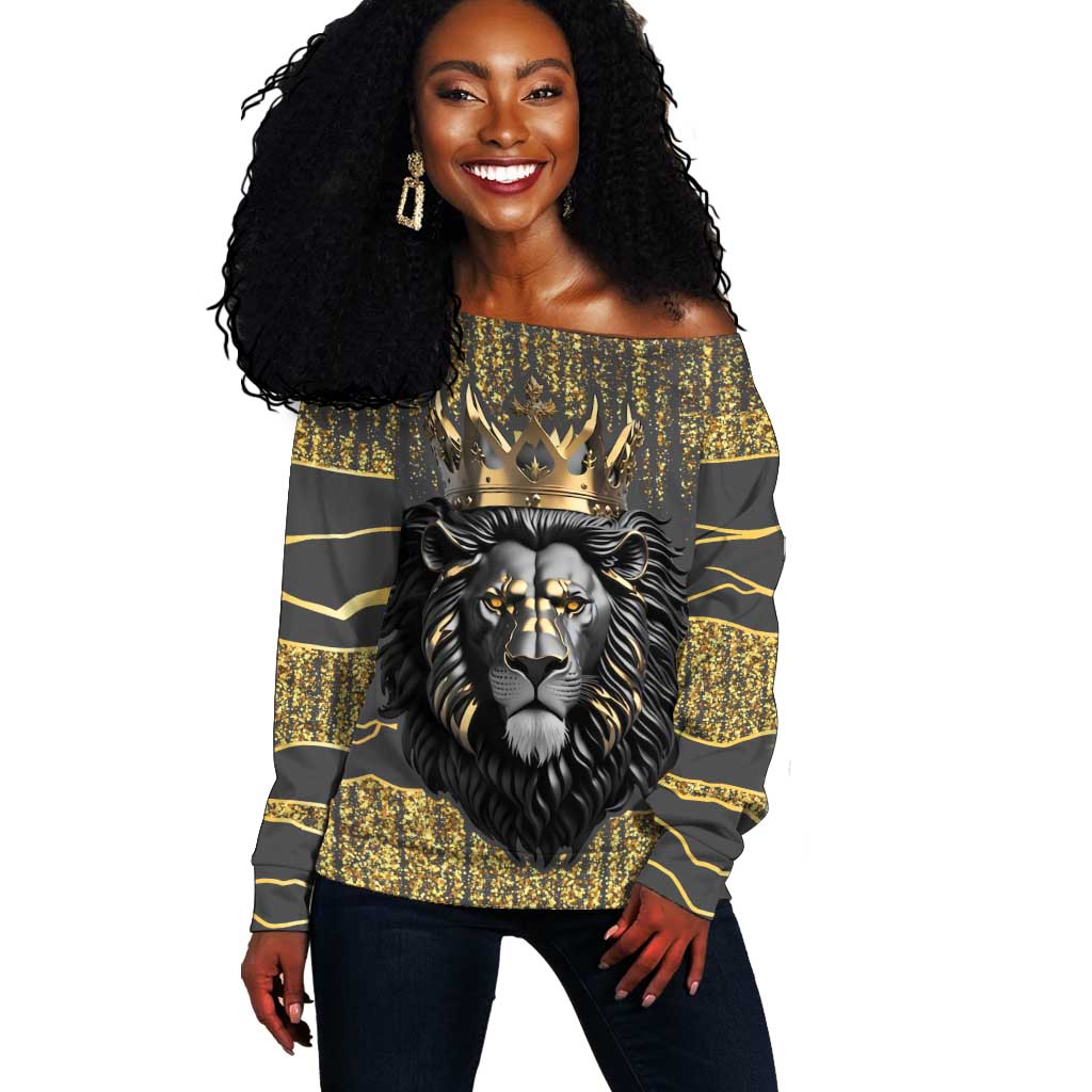 Personalized Black and Gold Lion Africa Off Shoulder Sweater DT03