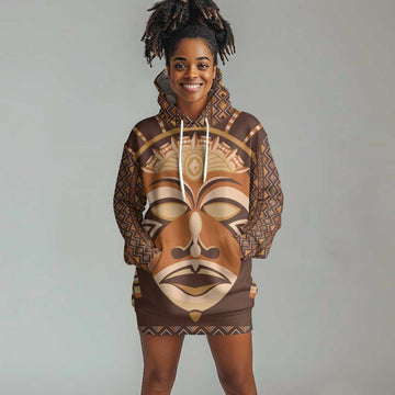 African Mask Printed Mudcloth Hoodie Dress Afro Bogolan DT03