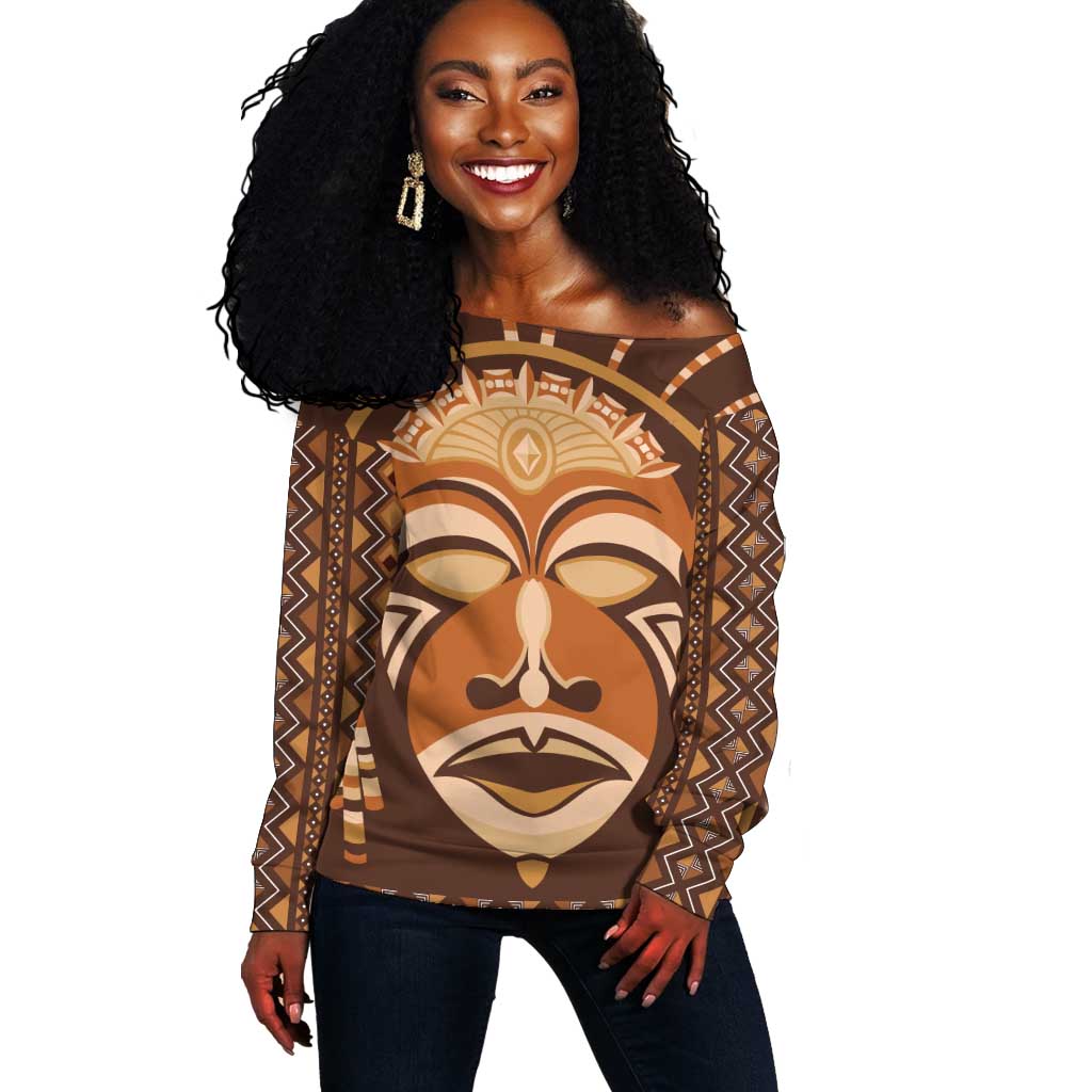 African Mask Printed Mudcloth Off Shoulder Sweater Afro Bogolan DT03