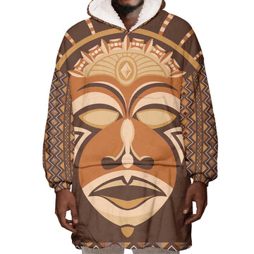 African Mask Printed Mudcloth Wearable Blanket Hoodie Afro Bogolan DT03
