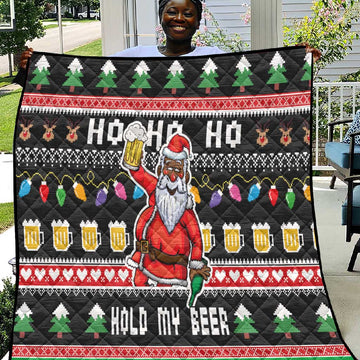 Ho Ho Ho Hold My Beer Santa Afro Quilt Christmas Beer DT03