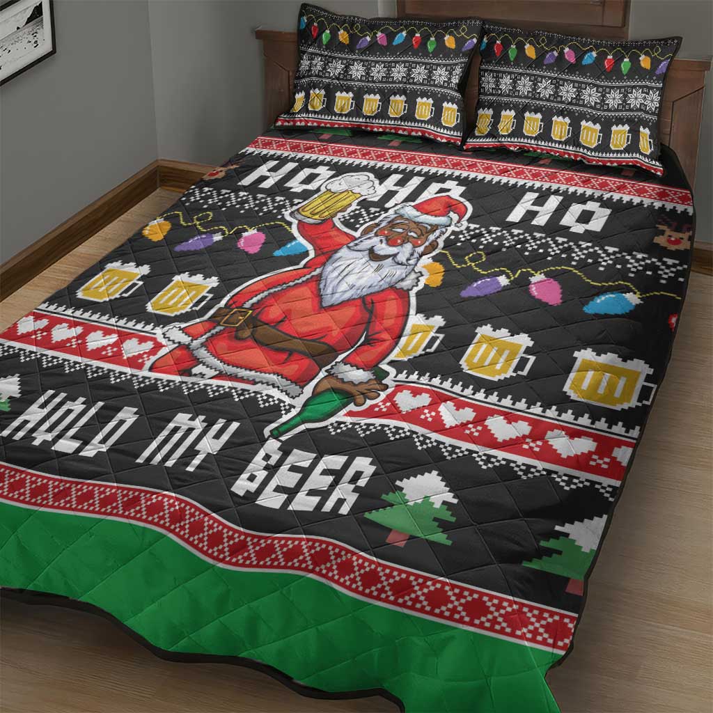 Ho Ho Ho Hold My Beer Santa Afro Quilt Bed Set Christmas Beer DT03
