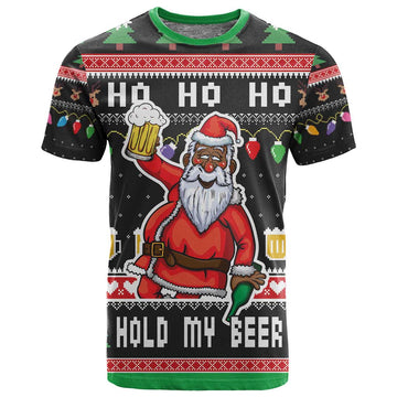 Ho Ho Ho Hold My Beer Santa Afro T shirt Christmas Beer DT03