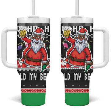 Ho Ho Ho Hold My Beer Santa Afro Tumbler With Handle Christmas Beer DT03