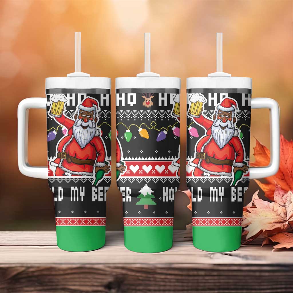 Ho Ho Ho Hold My Beer Santa Afro Tumbler With Handle Christmas Beer DT03