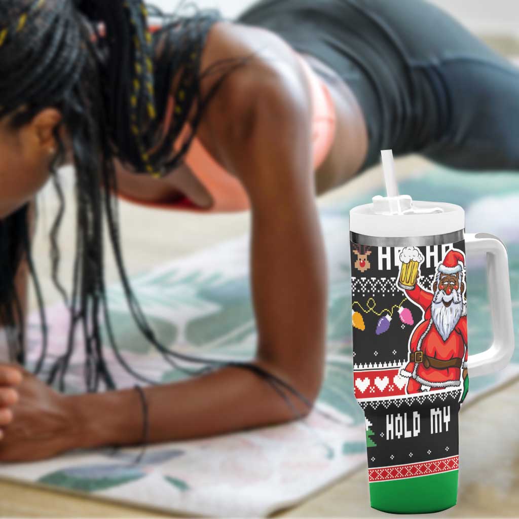Ho Ho Ho Hold My Beer Santa Afro Tumbler With Handle Christmas Beer DT03