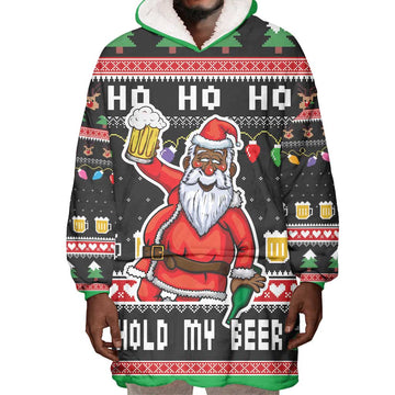 Ho Ho Ho Hold My Beer Santa Afro Wearable Blanket Hoodie Christmas Beer DT03