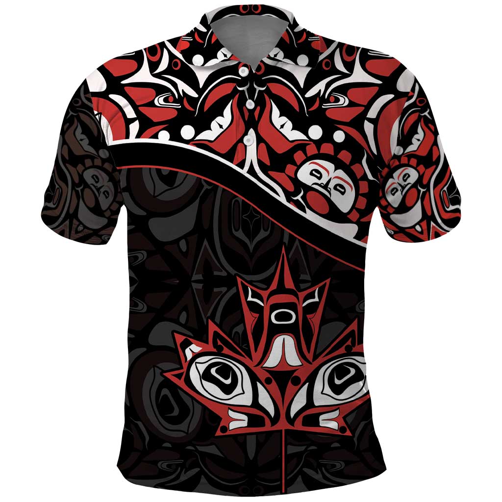 Canada Day Polo Shirt Haida Maple Leaf Style Tattoo Black DT03