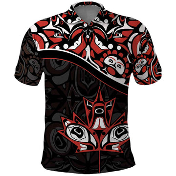 Canada Day Polo Shirt Haida Maple Leaf Style Tattoo Black DT03