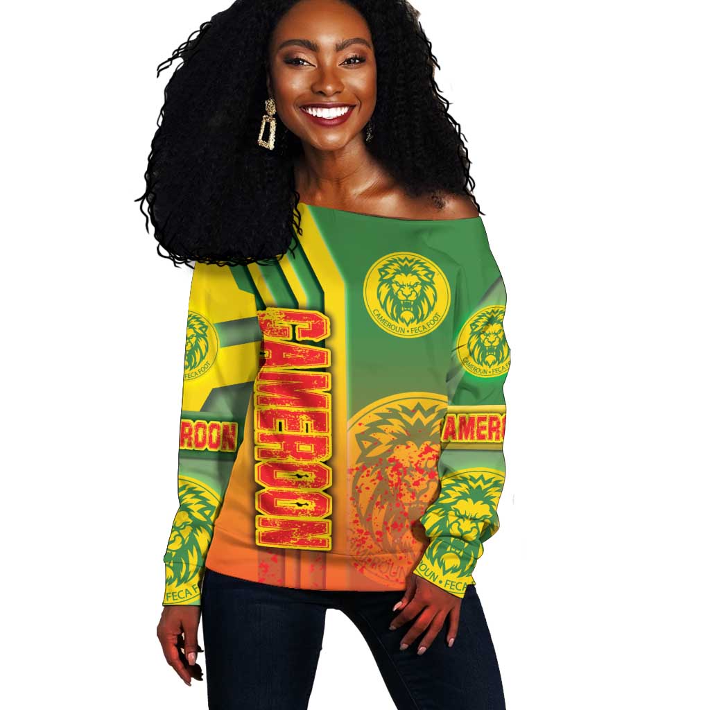 Cameroon Soccer Off Shoulder Sweater Indomitable Lions Football - Road To Champion DT03