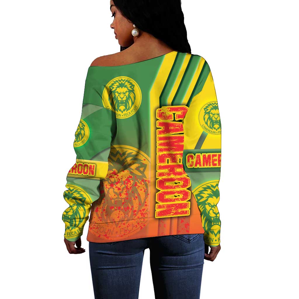 Cameroon Soccer Off Shoulder Sweater Indomitable Lions Football - Road To Champion DT03