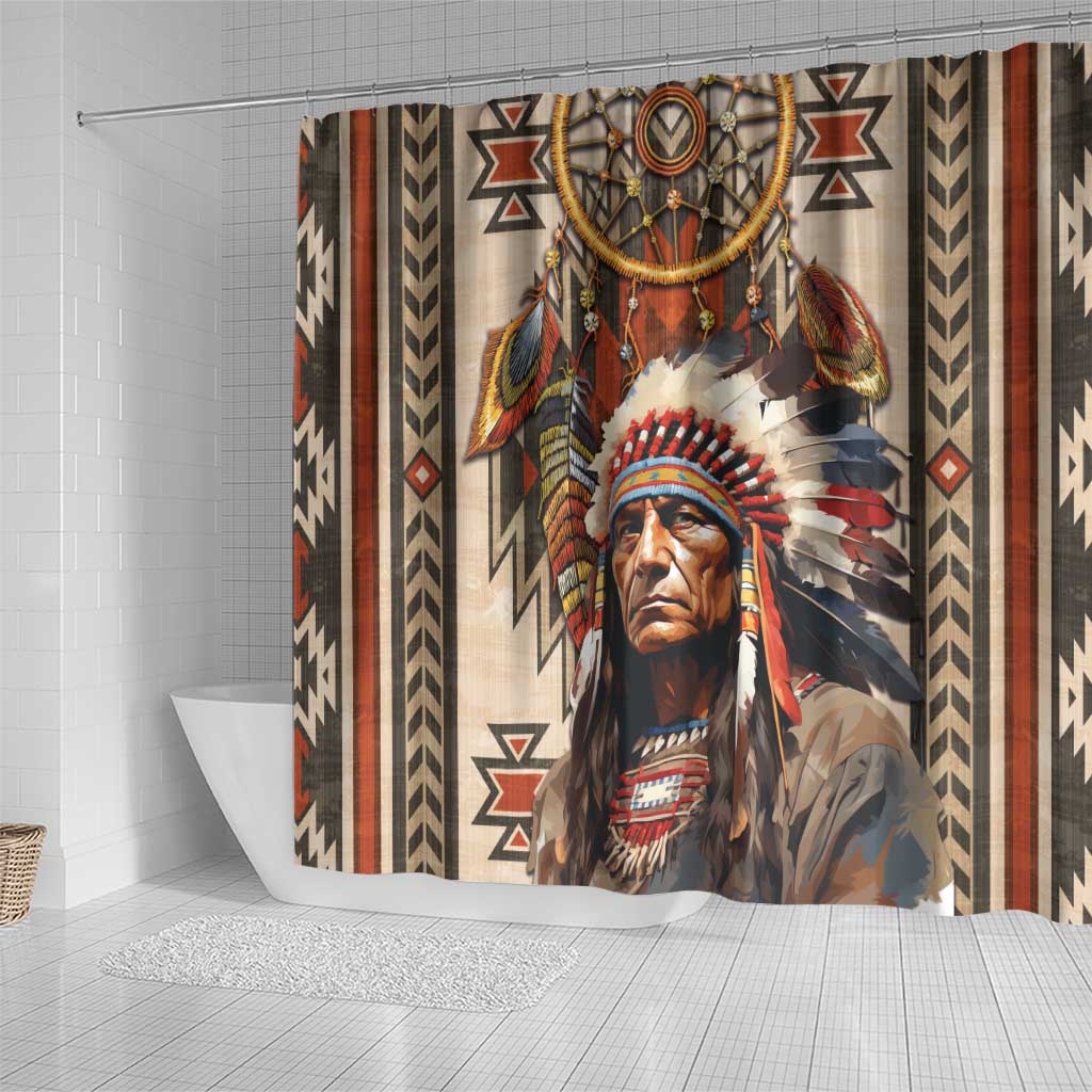 Native American Man Shower Curtain Feather Headdress With Dream Catcher DT04