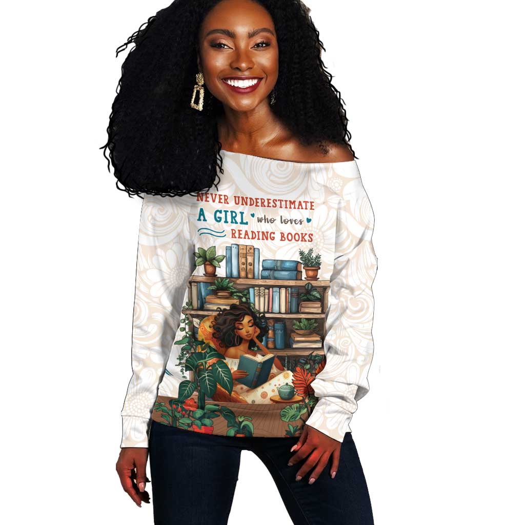 Never Underestimate A Girl Who Loves Reading Books Off Shoulder Sweater African Book Lovers DT04